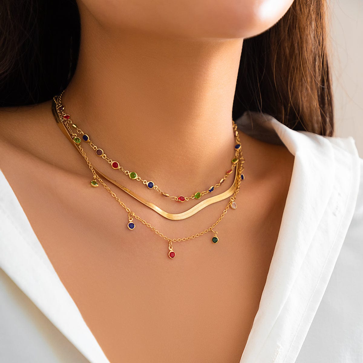 Chic Layered Crystal Tassel Herringbone Chain Necklace Set - ArtGalleryZen