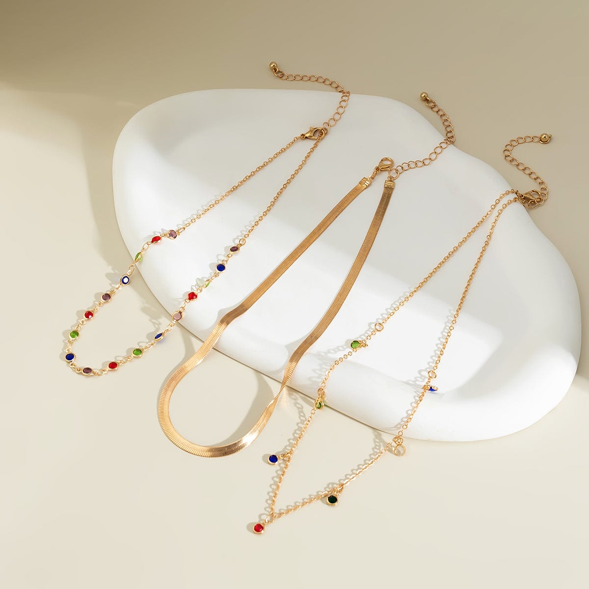 Chic Layered Crystal Tassel Herringbone Chain Necklace Set - ArtGalleryZen