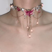 Thumbnail for Chic Layered CZ Inliad Enamel Butterfly Crystal Tassel Choker Necklace - ArtGalleryZen