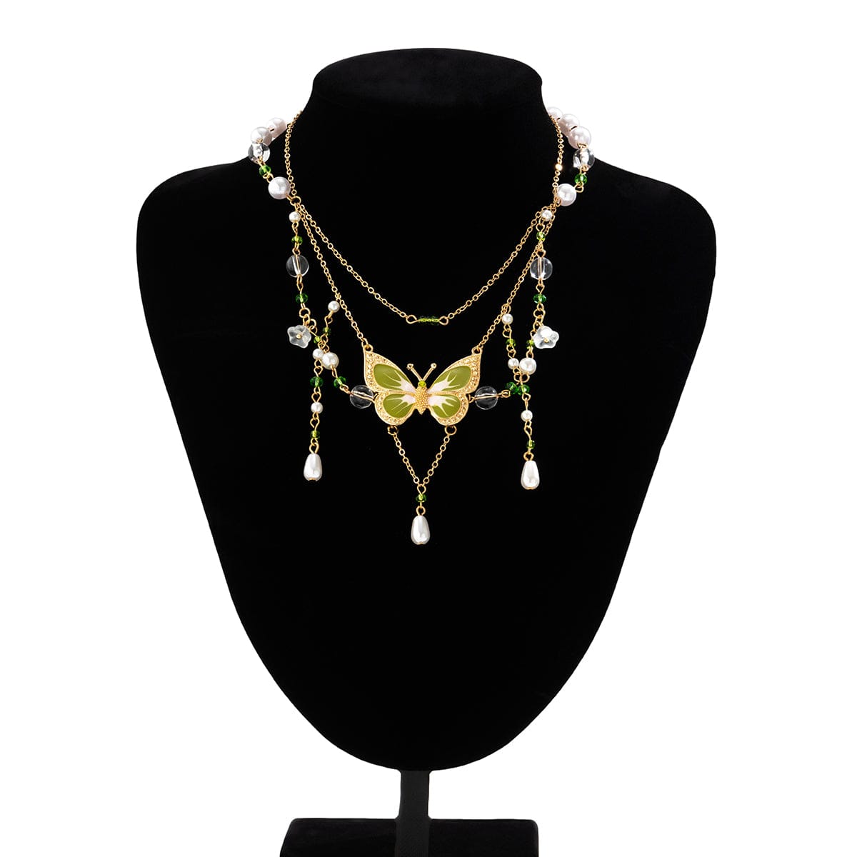 Chic Layered Floral Pearl Chain Tassel Butterfly Necklace - ArtGalleryZen