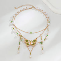 Thumbnail for Chic Layered Floral Pearl Chain Tassel Butterfly Necklace - ArtGalleryZen