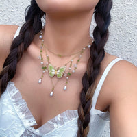 Thumbnail for Chic Layered Floral Pearl Chain Tassel Butterfly Necklace - ArtGalleryZen