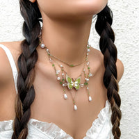 Thumbnail for Chic Layered Floral Pearl Chain Tassel Butterfly Necklace - ArtGalleryZen