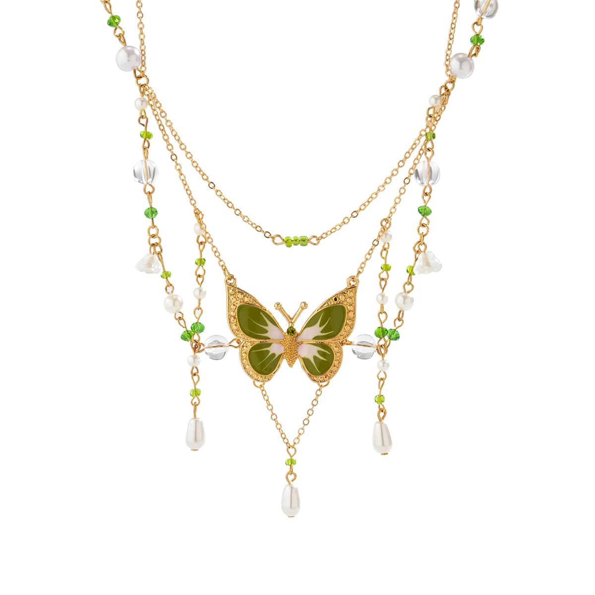 Chic Layered Floral Pearl Chain Tassel Butterfly Necklace - ArtGalleryZen