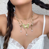Thumbnail for Chic Layered Floral Pearl Chain Tassel Butterfly Necklace - ArtGalleryZen
