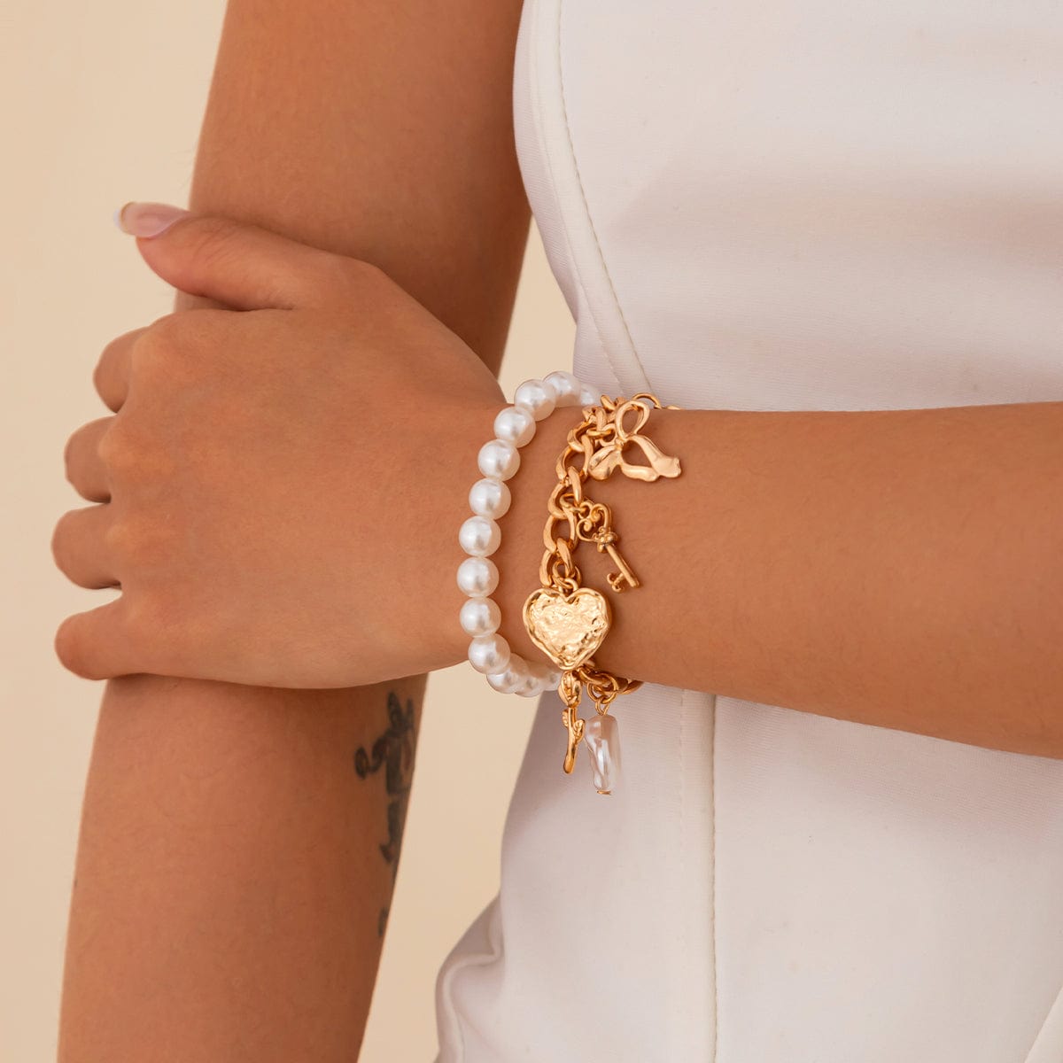 Chic Layered Heart Bow Rose Charm Pearl Chain Bracelet Set - ArtGalleryZen