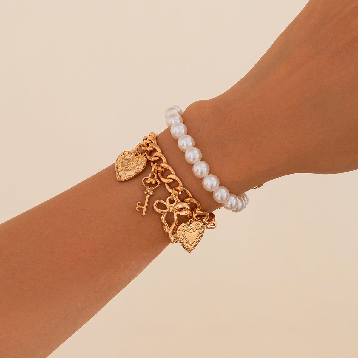 Chic Layered Heart Bow Rose Charm Pearl Chain Bracelet Set - ArtGalleryZen