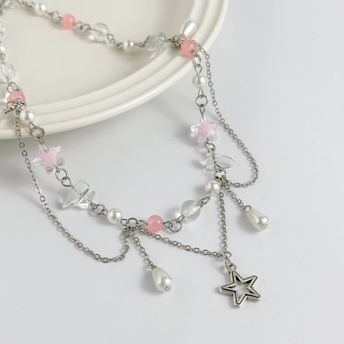 Chic Layered Hollow Star Pendant Pearl Crystal Chain Necklace - ArtGalleryZen