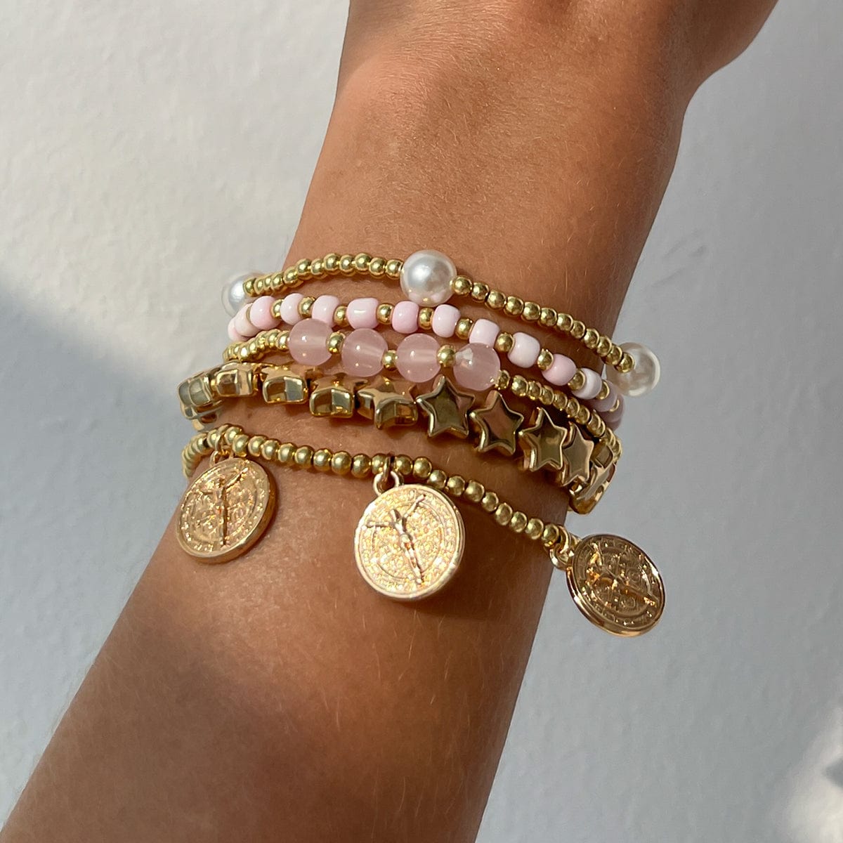 Chic Layered Pattern Round Disk Pearl Charm Seed Beaded Star Bracelet Set - ArtGalleryZen