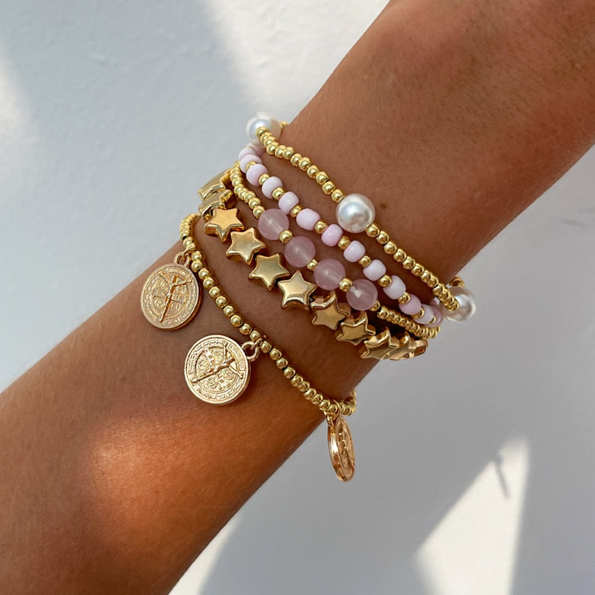 Chic Layered Pattern Round Disk Pearl Charm Seed Beaded Star Bracelet Set - ArtGalleryZen