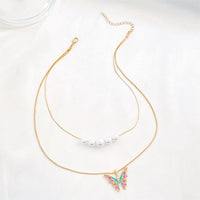 Thumbnail for Chic Layered Pearl Charm Enamel Butterfly Necklace - ArtGalleryZen