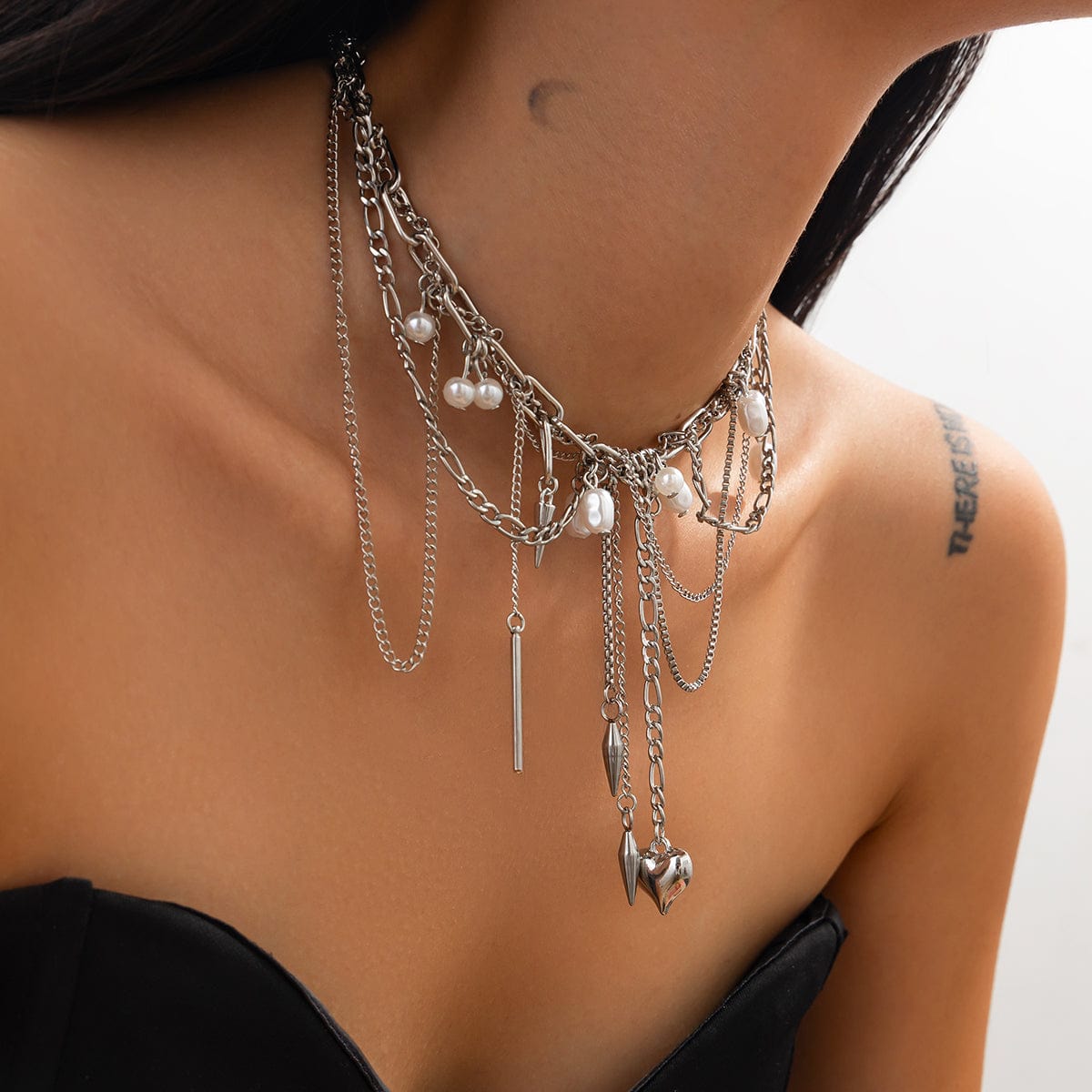 Chic Layered Pearl Rivet Tassel Heart Pendant Cable Chain Y Necklace - ArtGalleryZen