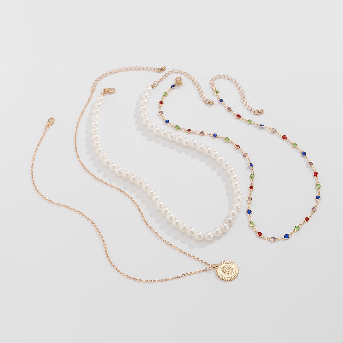 Chic Layered Relief Round Disk Pendant Crystal Pearl Chain Necklace Set - ArtGalleryZen