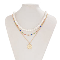 Thumbnail for Chic Layered Relief Round Disk Pendant Crystal Pearl Chain Necklace Set - ArtGalleryZen