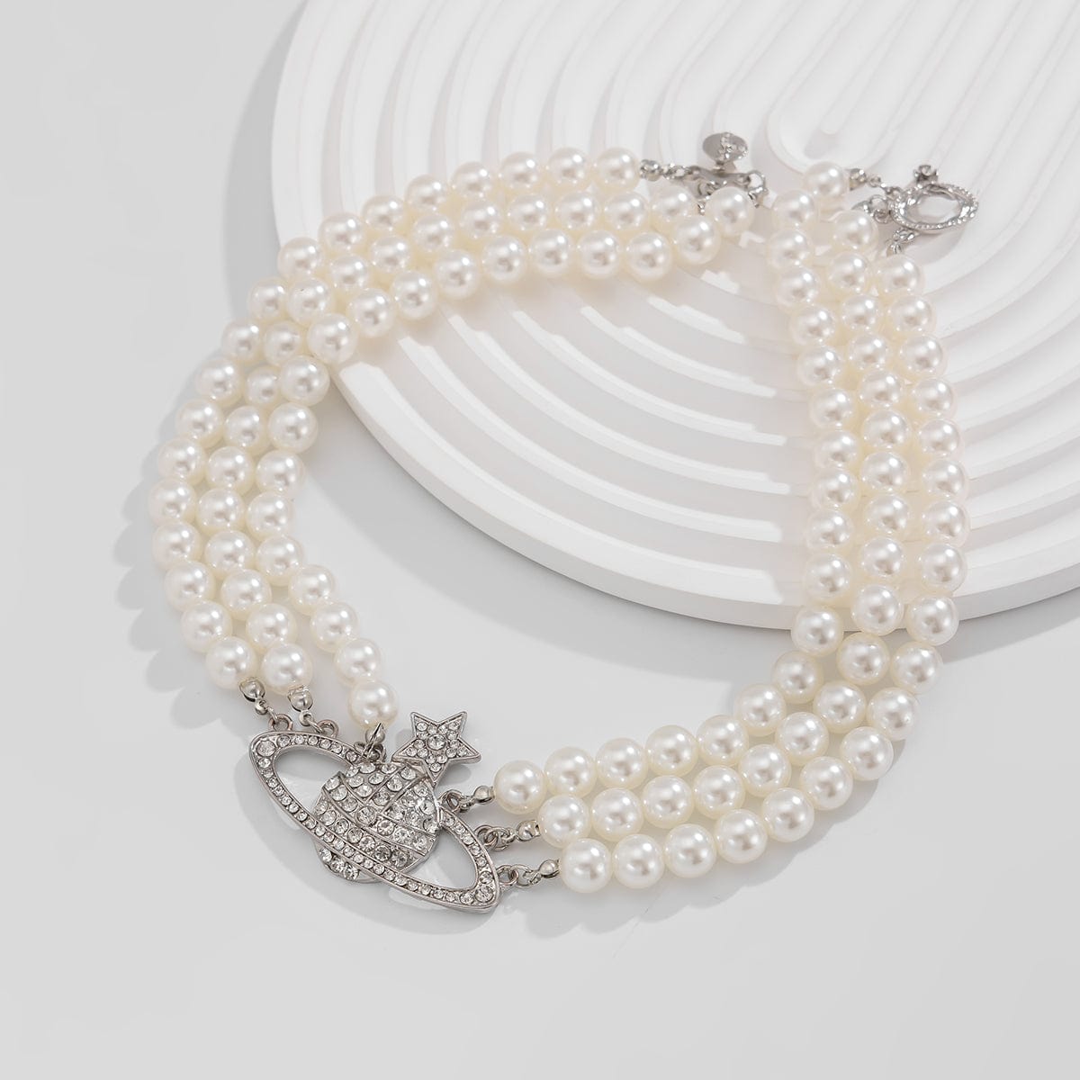 Chic Layered Rhinestone Inlaid Saturn Charm Pearl Chain Choker Necklace - ArtGalleryZen