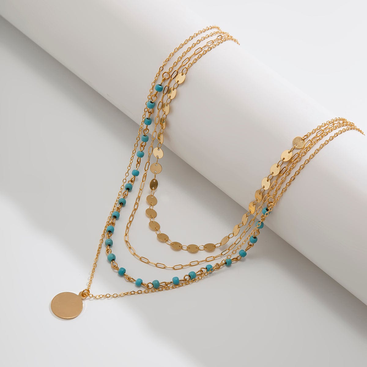 Chic Layered Round Disk Pendant Turquoise Chain Necklace Set - ArtGalleryZen