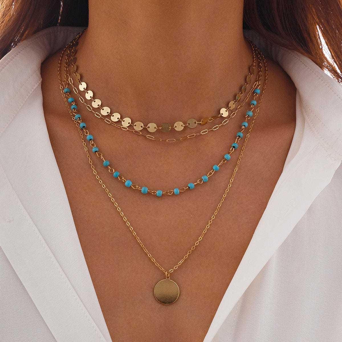 Chic Layered Round Disk Pendant Turquoise Chain Necklace Set - ArtGalleryZen