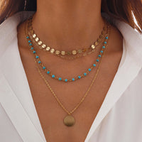 Thumbnail for Chic Layered Round Disk Pendant Turquoise Chain Necklace Set - ArtGalleryZen
