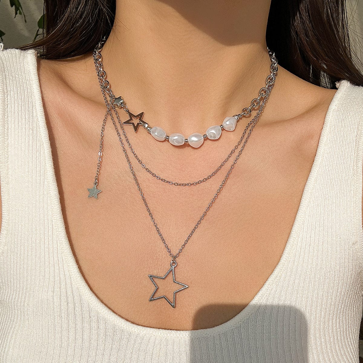 Bohemia Layered Starry Pendant Pearl Chain Necklace Set - ArtGalleryZen