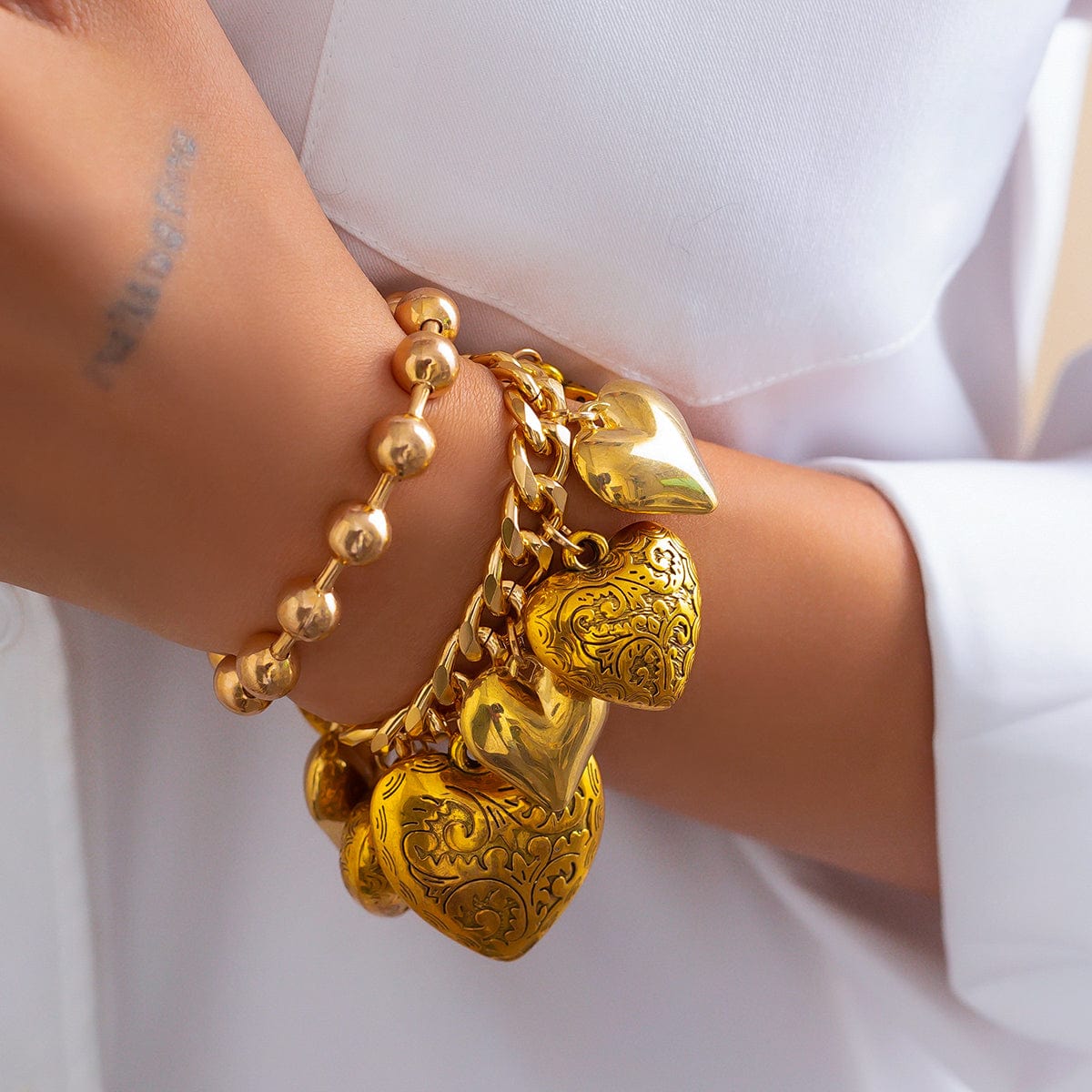 Chic Layered Textured Heart Tassel Ball Chain Bracelet Set - ArtGalleryZen