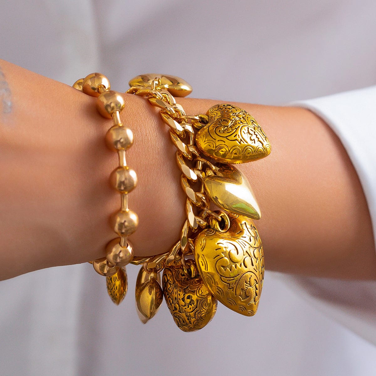 Chic Layered Textured Heart Tassel Ball Chain Bracelet Set - ArtGalleryZen