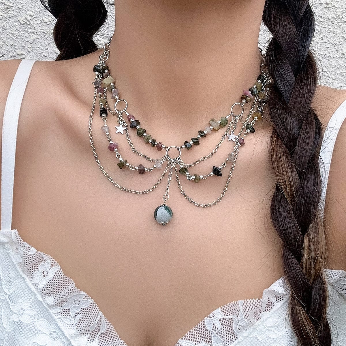 Chic Layered Turquoise Stone Tassel Necklace - ArtGalleryZen