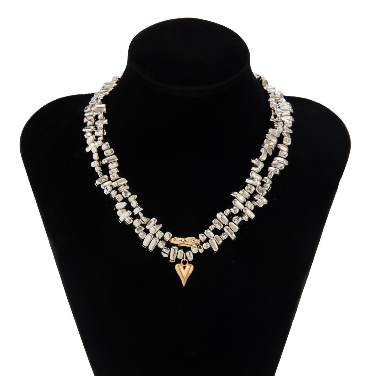Chic Layered Two Tone Heart Charm Irregular Beaded Choker Necklace Set - ArtGalleryZen