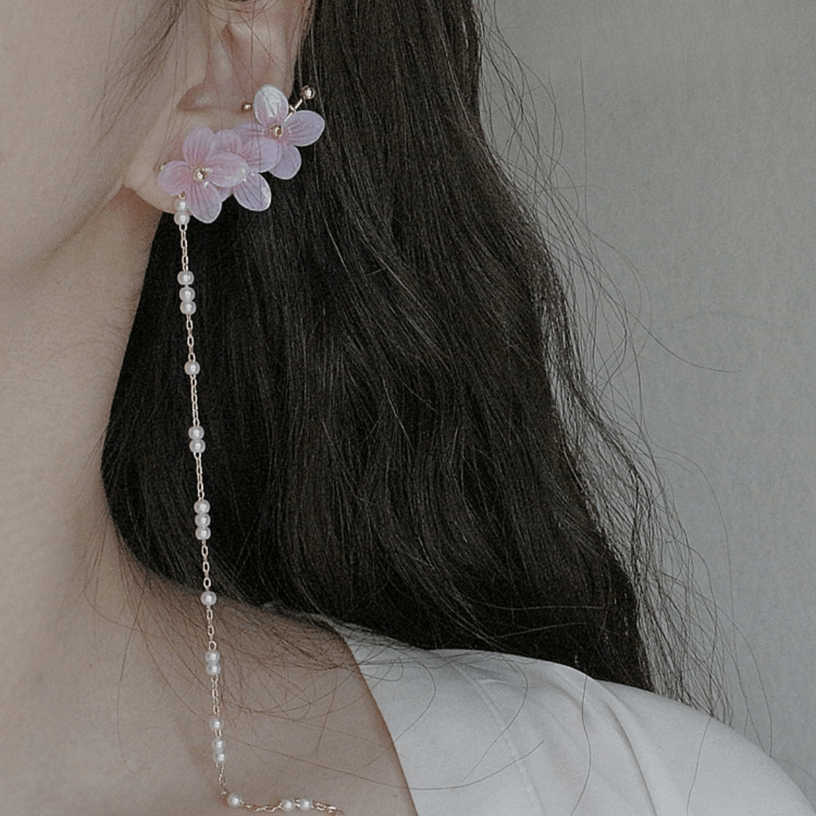 Chic Peach Blossom Flower Pearl Long Chain Ear Clip Earring - ArtGalleryZen