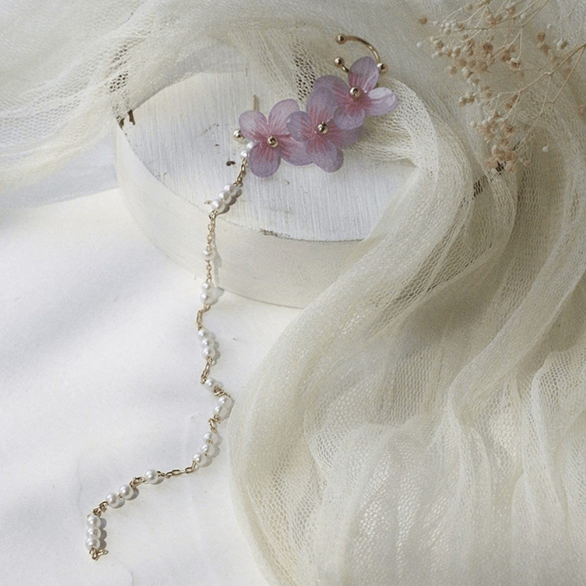 Chic Peach Blossom Flower Pearl Long Chain Ear Clip Earring - ArtGalleryZen