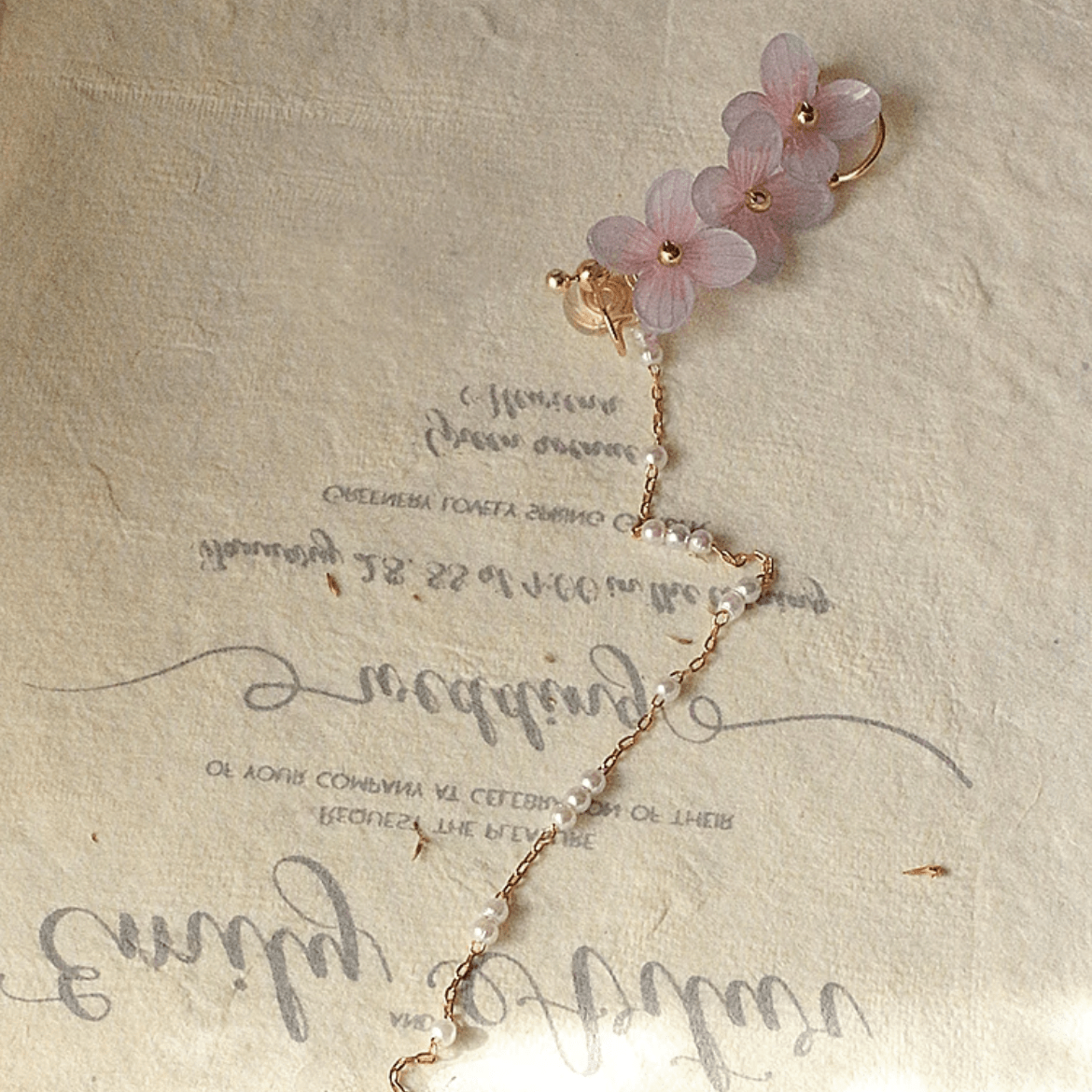 Chic Peach Blossom Flower Pearl Long Chain Ear Clip Earring - ArtGalleryZen
