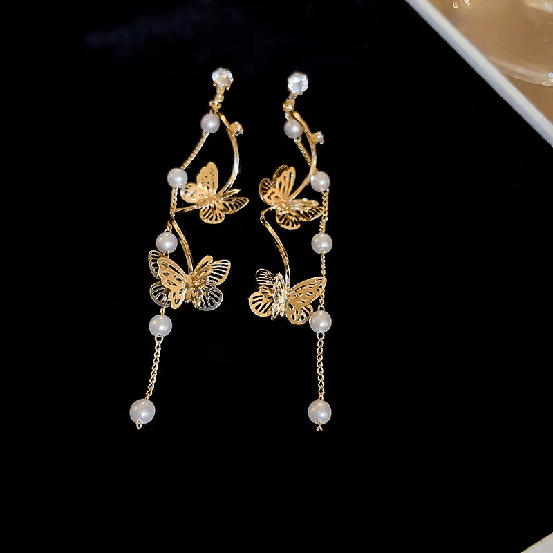 Chic Pearl Chain Butterfly Dangle Earrings - ArtGalleryZen