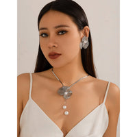 Thumbnail for Chic Pearl Flower Pendant Herringbone Chain Necklace Earrings Set - ArtGalleryZen