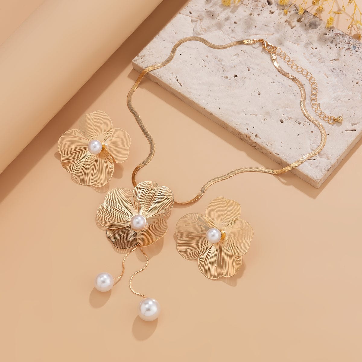 Chic Pearl Flower Pendant Herringbone Chain Necklace Earrings Set - ArtGalleryZen