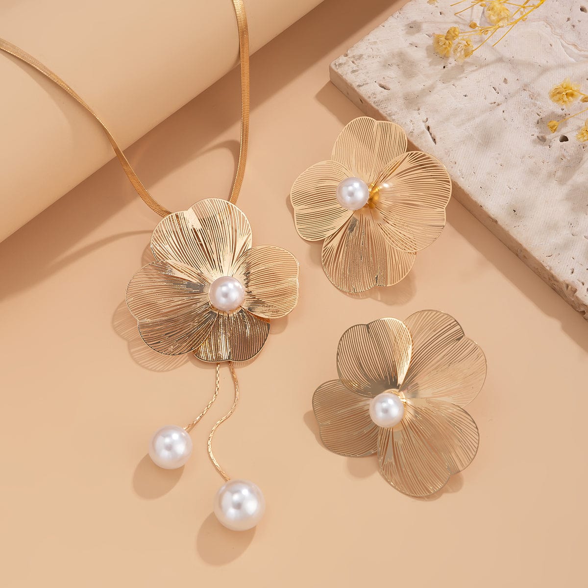 Chic Pearl Flower Pendant Herringbone Chain Necklace Earrings Set - ArtGalleryZen