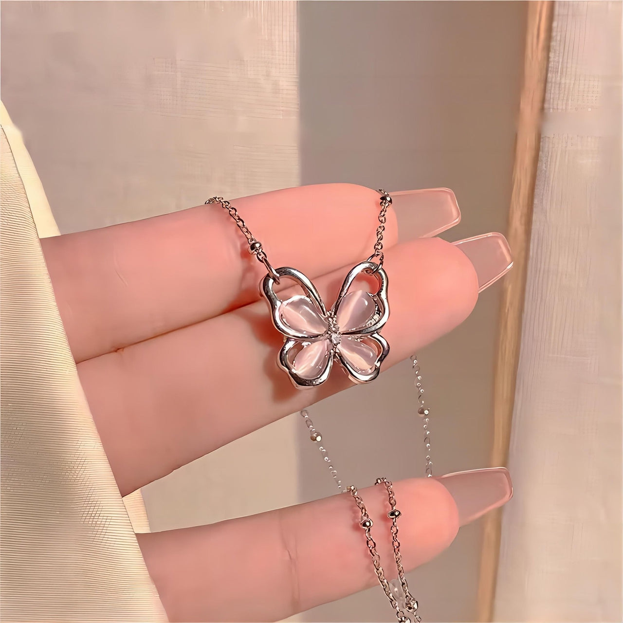 Chic Pink Cats Eye Stone Butterfly Necklace - ArtGalleryZen
