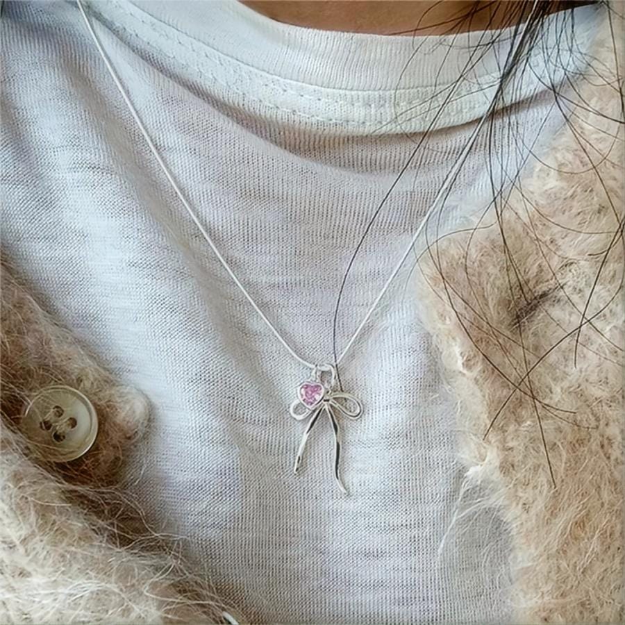 Chic Pink Crystal Heart Bowknot Pendant Necklace - ArtGalleryZen