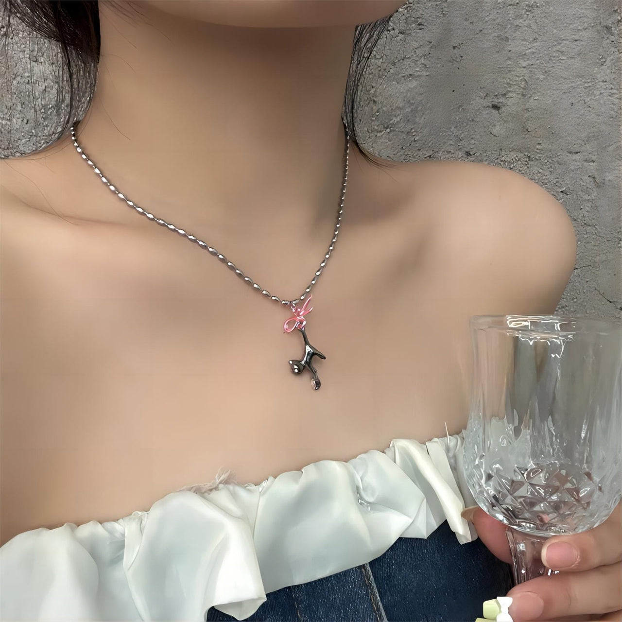 Chic Pink Crystal Heart Ribbon Cat Pendant Necklace - ArtGalleryZen