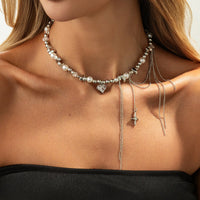 Thumbnail for Chic Rhinestone Heart Pendant Pearl Irregular Beaded Chain Tassel Choker Necklace - ArtGalleryZen