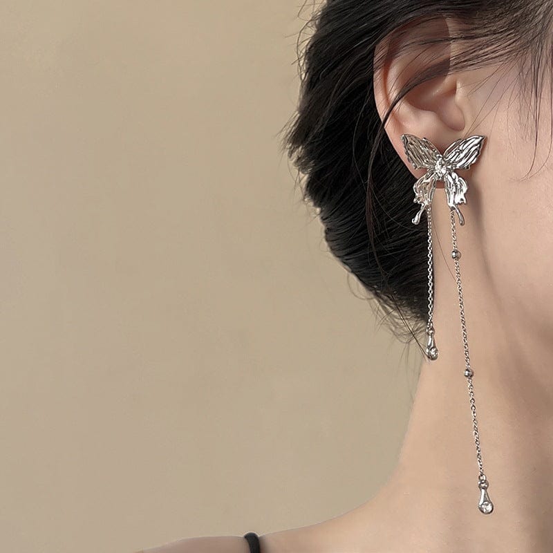 Chic Rhinestone Inlaid Butterfly Tassel Chain Earrings - ArtGalleryZen