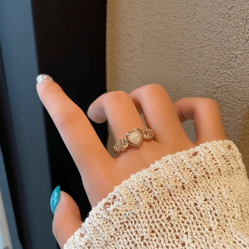 Chic Rhinestone Inlaid Opal Heart Ring - ArtGalleryZen