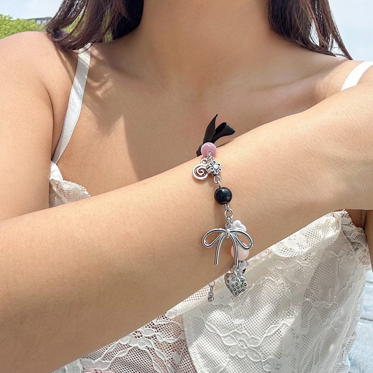 Chic Ribbon Bowknot Strawberry Charm Crystal Chain Bracelet - ArtGalleryZen
