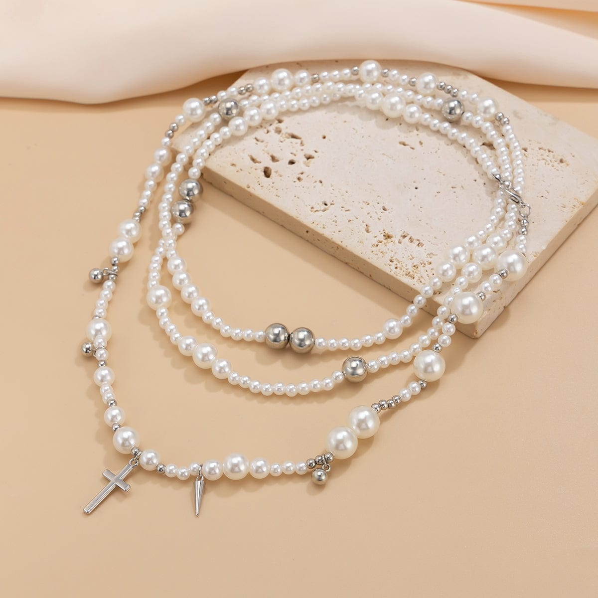 Chic Silver Plated Cross Pendant Pearl Long Chain Necklace - ArtGalleryZen