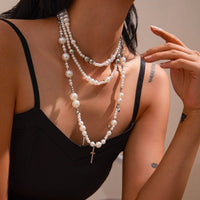 Thumbnail for Chic Silver Plated Cross Pendant Pearl Long Chain Necklace - ArtGalleryZen