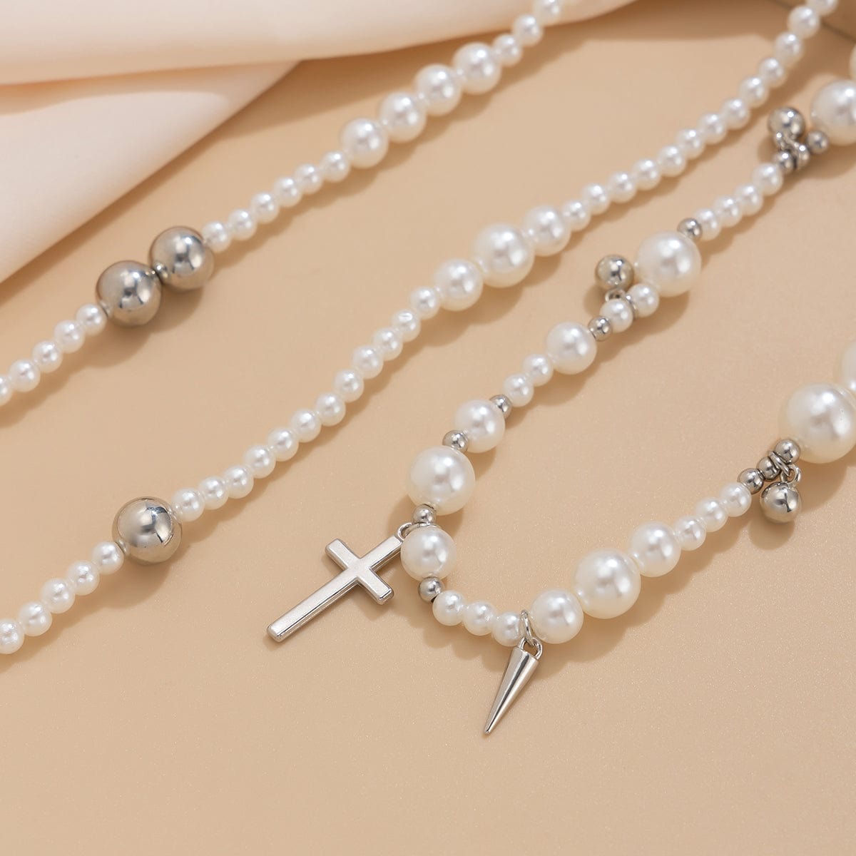 Chic Silver Plated Cross Pendant Pearl Long Chain Necklace - ArtGalleryZen