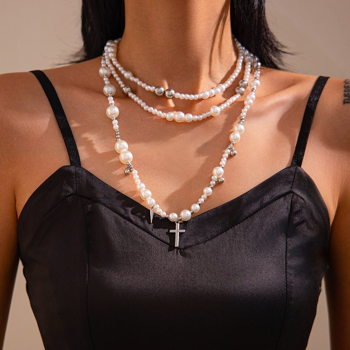 Chic Silver Plated Cross Pendant Pearl Long Chain Necklace - ArtGalleryZen