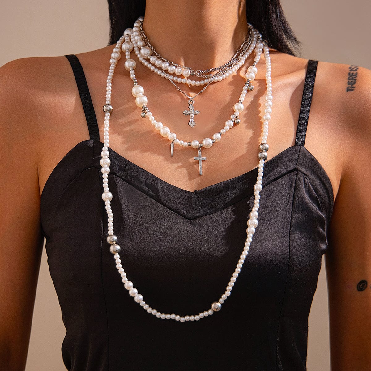 Chic Silver Plated Cross Pendant Pearl Long Chain Necklace - ArtGalleryZen