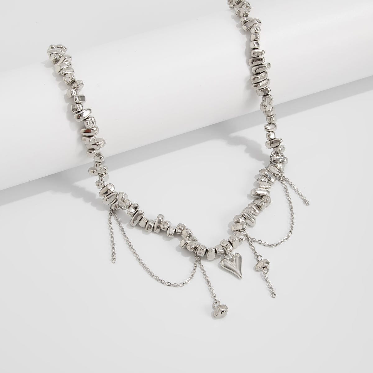 Chic Silver Tone Heart Chain Tassel Irregular Beaded Choker Necklace - ArtGalleryZen