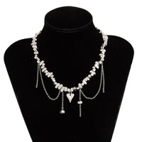 Thumbnail for Chic Silver Tone Heart Chain Tassel Irregular Beaded Choker Necklace - ArtGalleryZen