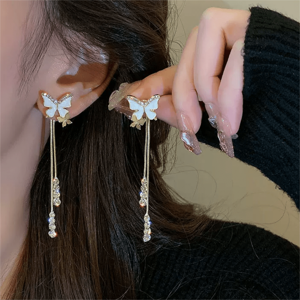 Chic Sparkling CZ Inlaid Enamel Butterfly Rhinestone Tassel Earrings - ArtGalleryZen
