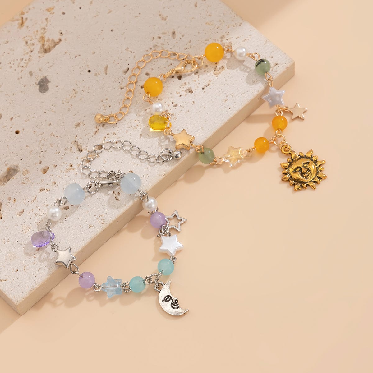 Chic Sun Moon Charm Pearl Crystal Chain Matching Bracelet Set - ArtGalleryZen
